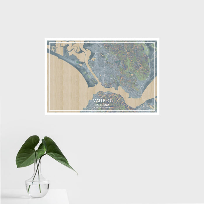 16x24 Vallejo California Map Print Landscape Orientation in Afternoon Style With Tropical Plant Leaves in Water