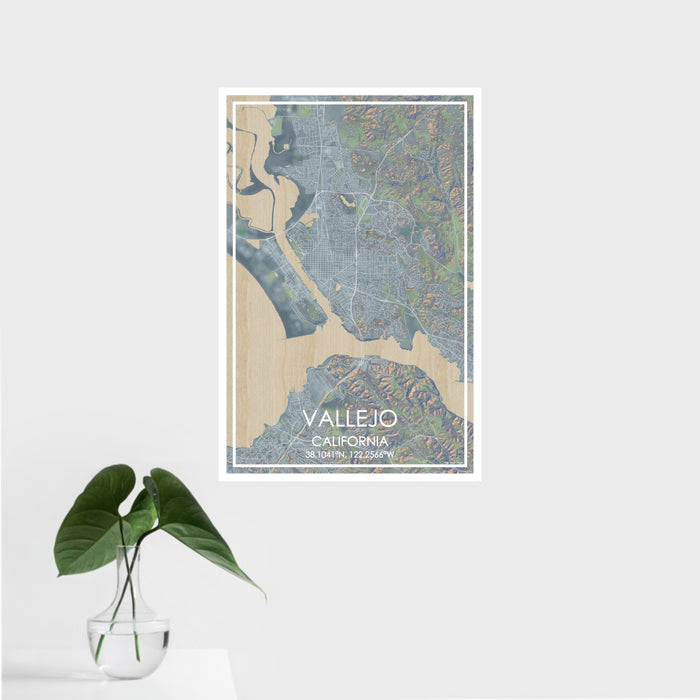 16x24 Vallejo California Map Print Portrait Orientation in Afternoon Style With Tropical Plant Leaves in Water