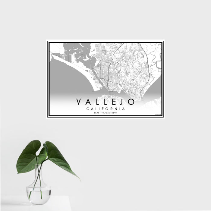16x24 Vallejo California Map Print Landscape Orientation in Classic Style With Tropical Plant Leaves in Water