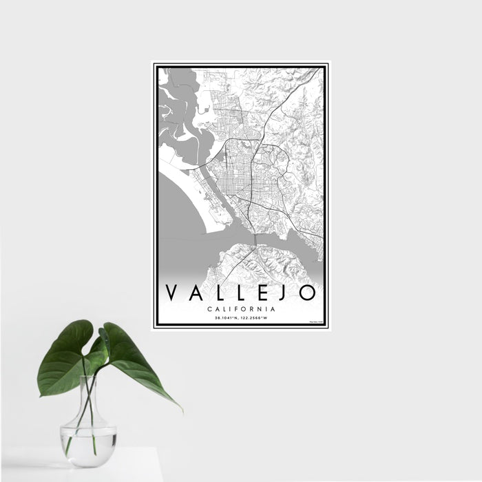16x24 Vallejo California Map Print Portrait Orientation in Classic Style With Tropical Plant Leaves in Water