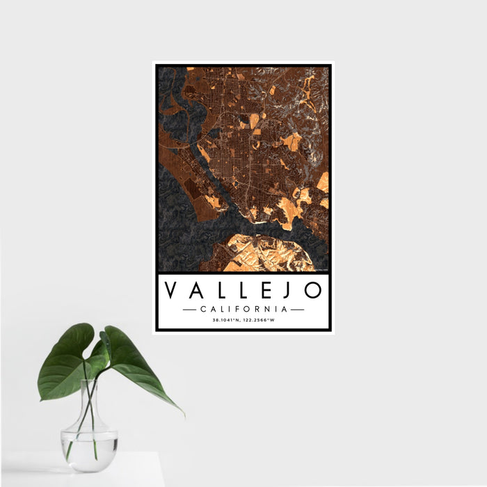 16x24 Vallejo California Map Print Portrait Orientation in Ember Style With Tropical Plant Leaves in Water