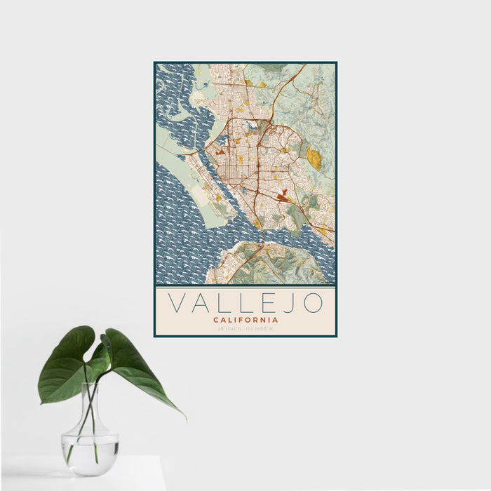16x24 Vallejo California Map Print Portrait Orientation in Woodblock Style With Tropical Plant Leaves in Water