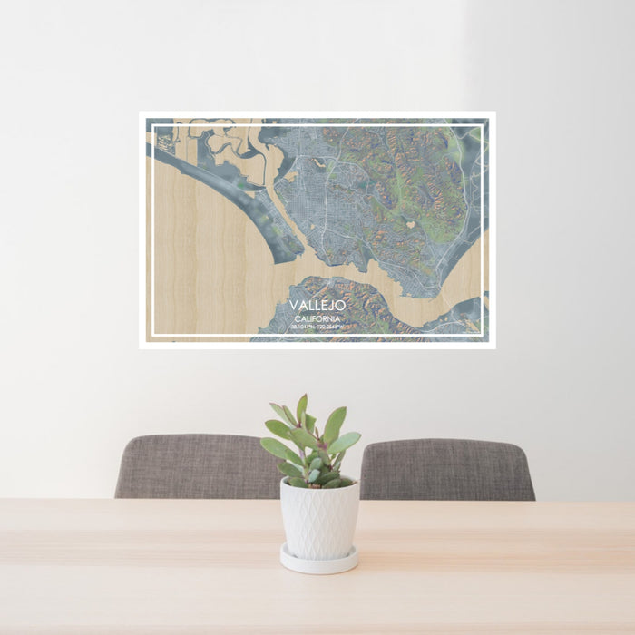 24x36 Vallejo California Map Print Lanscape Orientation in Afternoon Style Behind 2 Chairs Table and Potted Plant