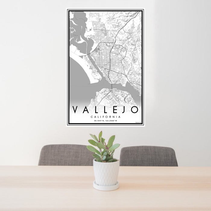 24x36 Vallejo California Map Print Portrait Orientation in Classic Style Behind 2 Chairs Table and Potted Plant