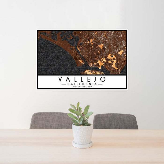 24x36 Vallejo California Map Print Lanscape Orientation in Ember Style Behind 2 Chairs Table and Potted Plant