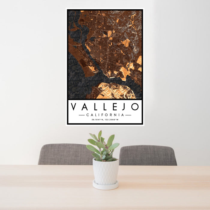 24x36 Vallejo California Map Print Portrait Orientation in Ember Style Behind 2 Chairs Table and Potted Plant