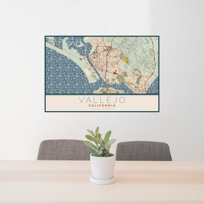 24x36 Vallejo California Map Print Lanscape Orientation in Woodblock Style Behind 2 Chairs Table and Potted Plant