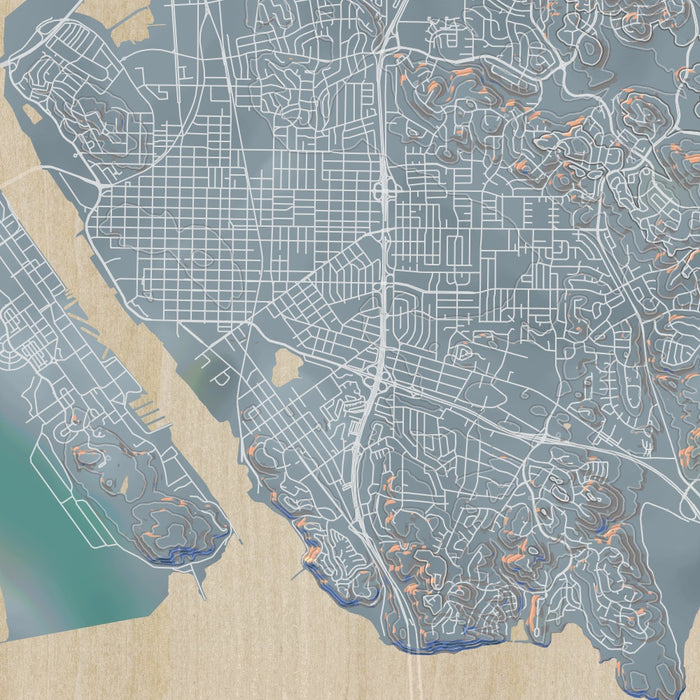Vallejo California Map Print in Afternoon Style Zoomed In Close Up Showing Details
