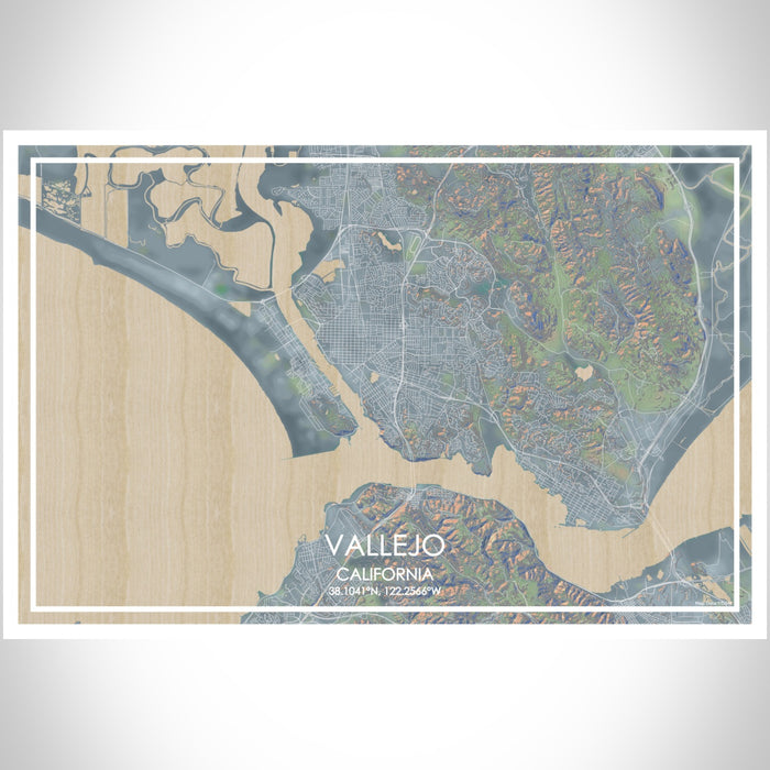 Vallejo California Map Print Landscape Orientation in Afternoon Style With Shaded Background