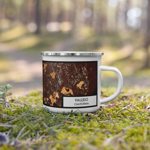 Right View Custom Vallejo California Map Enamel Mug in Ember on Grass With Trees in Background
