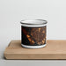Front View Custom Vallejo California Map Enamel Mug in Ember on Cutting Board