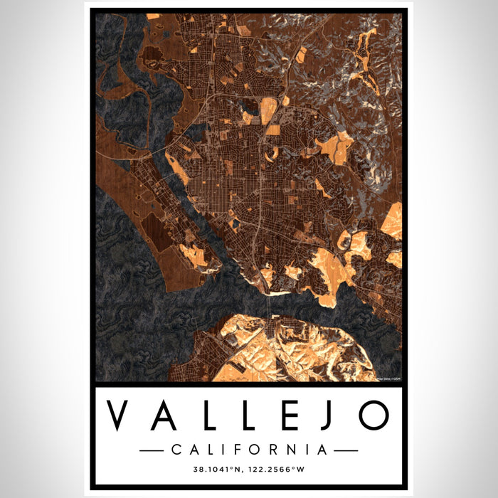 Vallejo California Map Print Portrait Orientation in Ember Style With Shaded Background