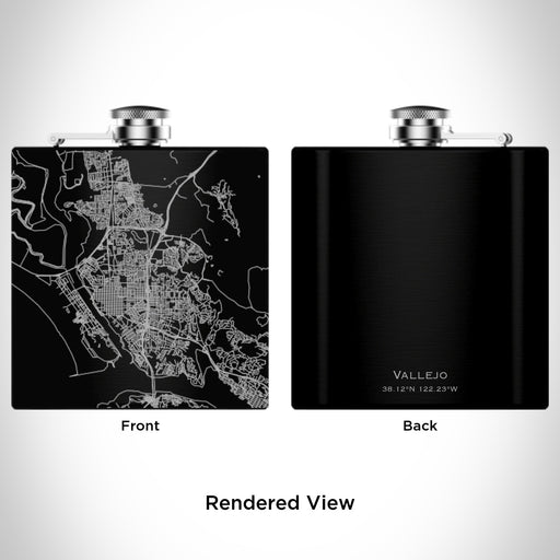 Rendered View of Vallejo California Map Engraving on 6oz Stainless Steel Flask in Black