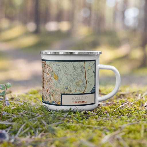 Right View Custom Vallejo California Map Enamel Mug in Woodblock on Grass With Trees in Background