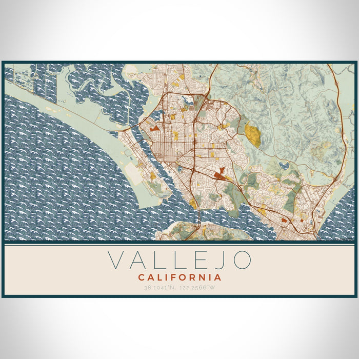Vallejo California Map Print Landscape Orientation in Woodblock Style With Shaded Background
