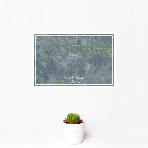 12x18 Valley Mills Texas Map Print Landscape Orientation in Afternoon Style With Small Cactus Plant in White Planter