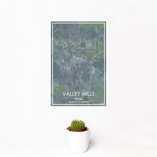 12x18 Valley Mills Texas Map Print Portrait Orientation in Afternoon Style With Small Cactus Plant in White Planter