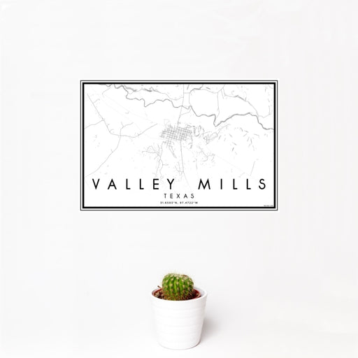 12x18 Valley Mills Texas Map Print Landscape Orientation in Classic Style With Small Cactus Plant in White Planter