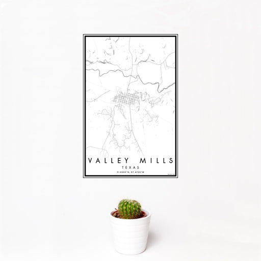 12x18 Valley Mills Texas Map Print Portrait Orientation in Classic Style With Small Cactus Plant in White Planter