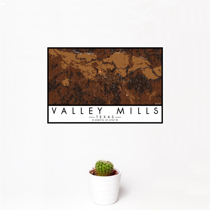 12x18 Valley Mills Texas Map Print Landscape Orientation in Ember Style With Small Cactus Plant in White Planter