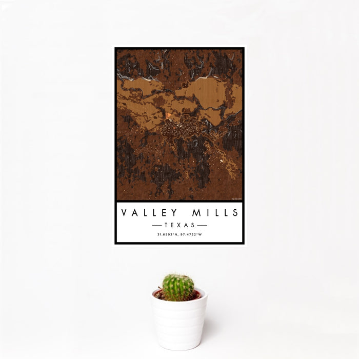 12x18 Valley Mills Texas Map Print Portrait Orientation in Ember Style With Small Cactus Plant in White Planter