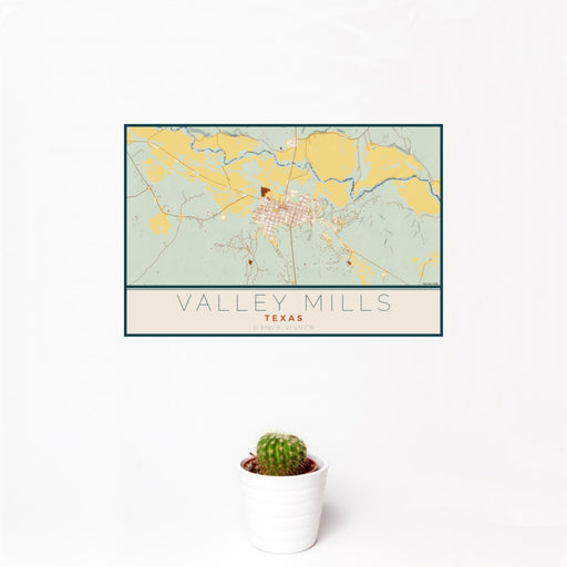 12x18 Valley Mills Texas Map Print Landscape Orientation in Woodblock Style With Small Cactus Plant in White Planter