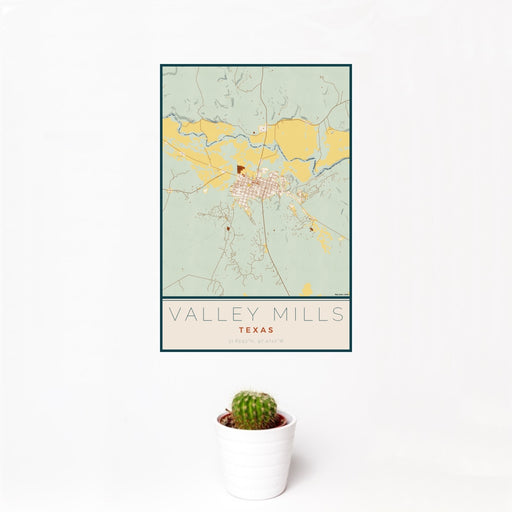 12x18 Valley Mills Texas Map Print Portrait Orientation in Woodblock Style With Small Cactus Plant in White Planter