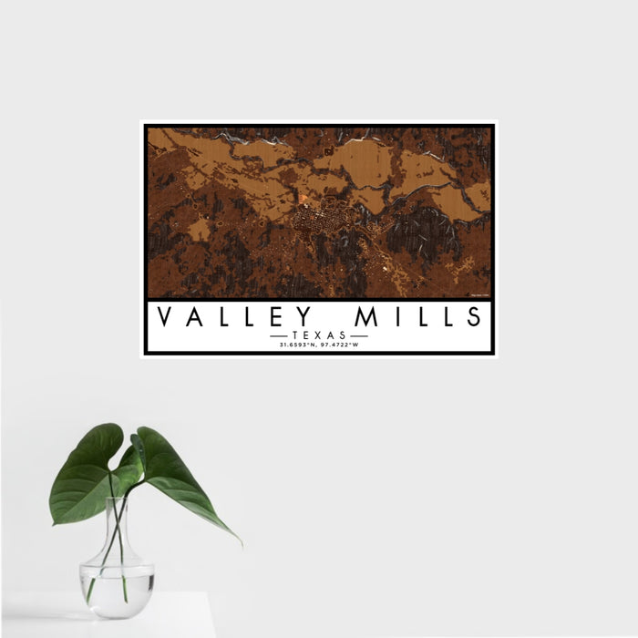16x24 Valley Mills Texas Map Print Landscape Orientation in Ember Style With Tropical Plant Leaves in Water