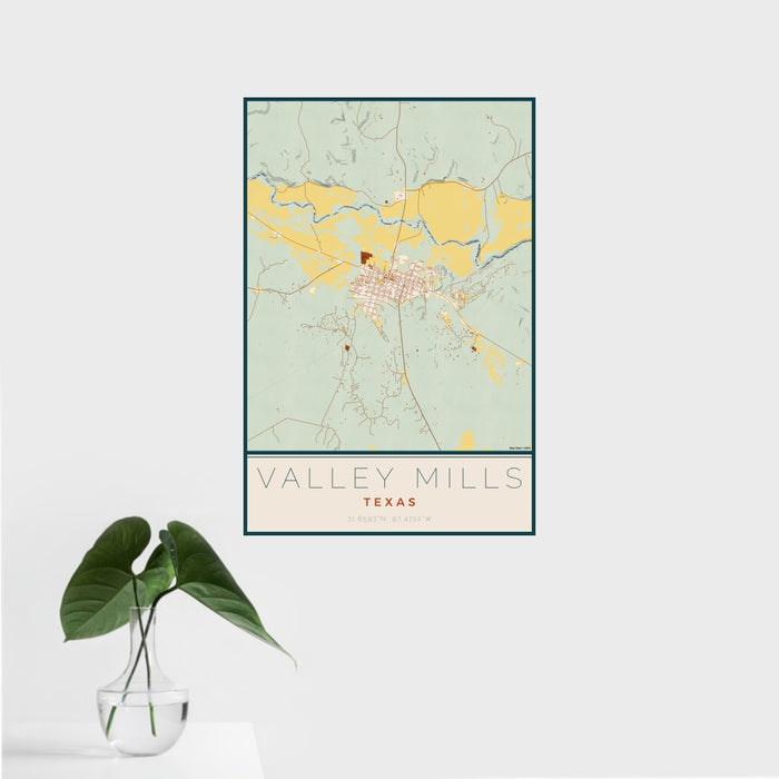 16x24 Valley Mills Texas Map Print Portrait Orientation in Woodblock Style With Tropical Plant Leaves in Water