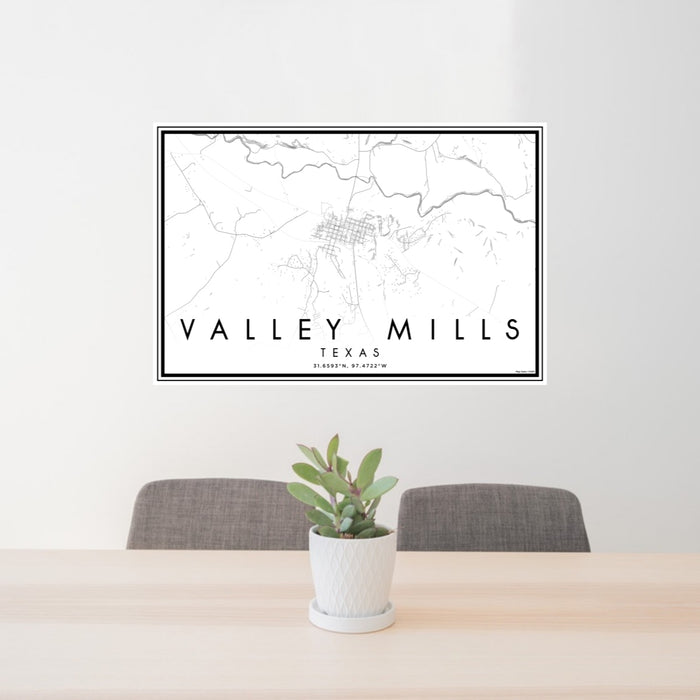 24x36 Valley Mills Texas Map Print Lanscape Orientation in Classic Style Behind 2 Chairs Table and Potted Plant
