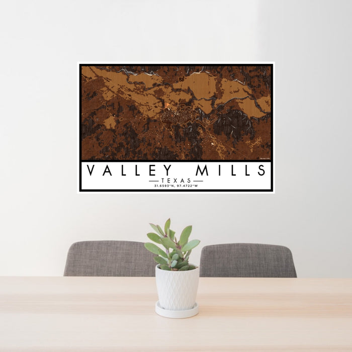 24x36 Valley Mills Texas Map Print Lanscape Orientation in Ember Style Behind 2 Chairs Table and Potted Plant