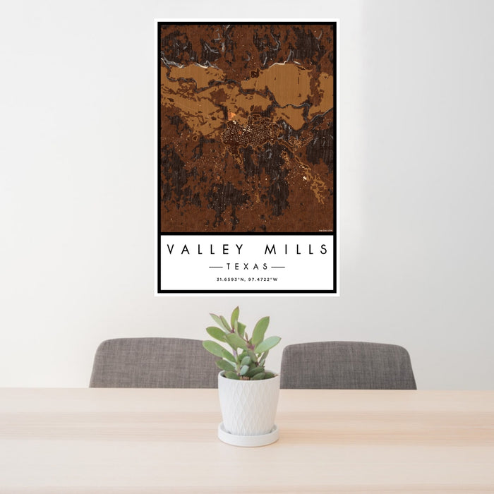 24x36 Valley Mills Texas Map Print Portrait Orientation in Ember Style Behind 2 Chairs Table and Potted Plant