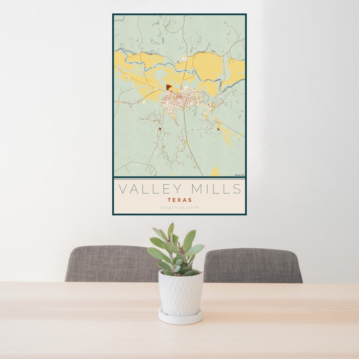 24x36 Valley Mills Texas Map Print Portrait Orientation in Woodblock Style Behind 2 Chairs Table and Potted Plant