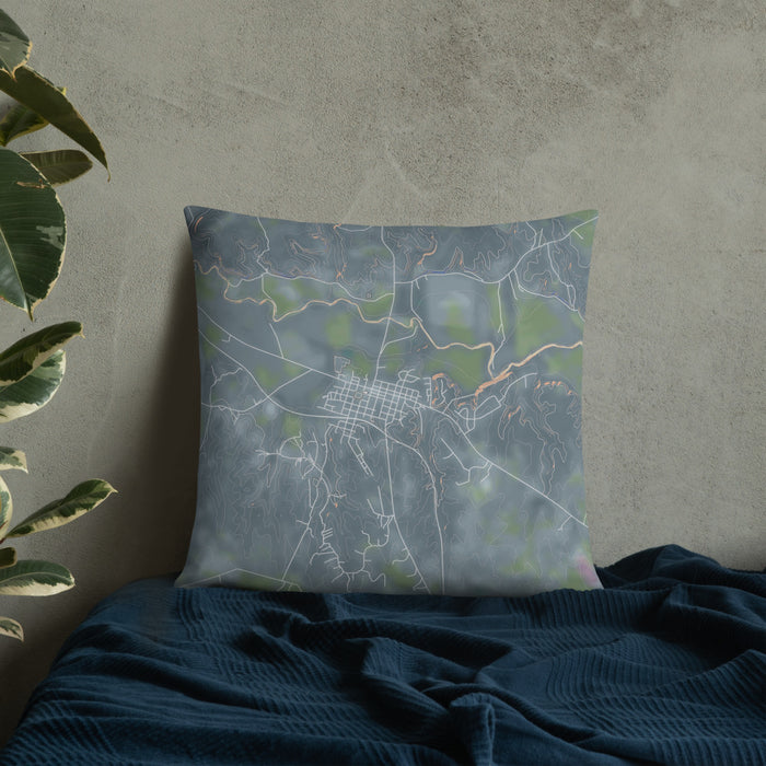Custom Valley Mills Texas Map Throw Pillow in Afternoon on Bedding Against Wall
