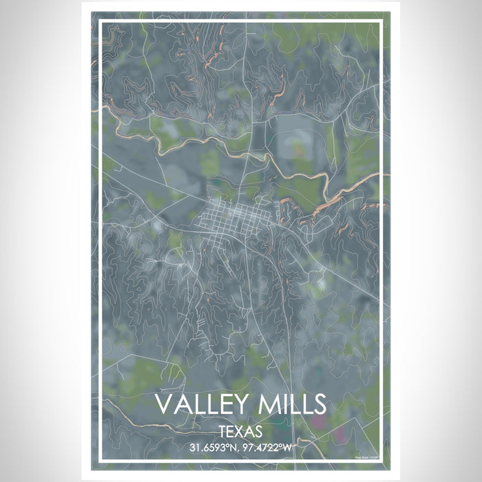 Valley Mills Texas Map Print Portrait Orientation in Afternoon Style With Shaded Background