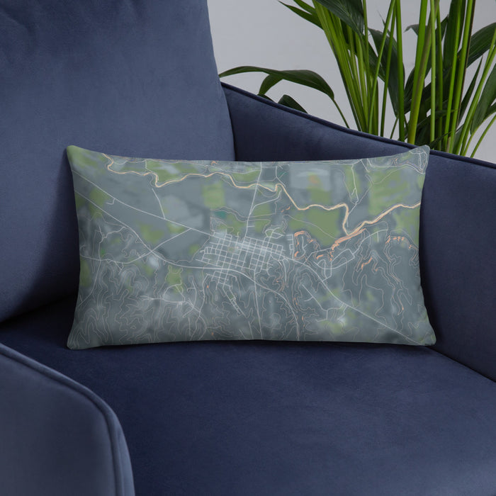 Custom Valley Mills Texas Map Throw Pillow in Afternoon on Blue Colored Chair
