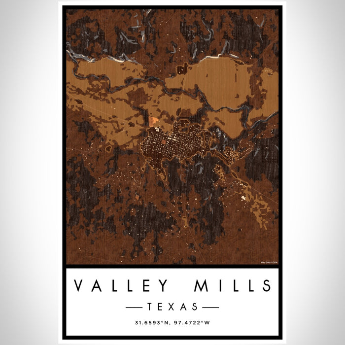Valley Mills Texas Map Print Portrait Orientation in Ember Style With Shaded Background