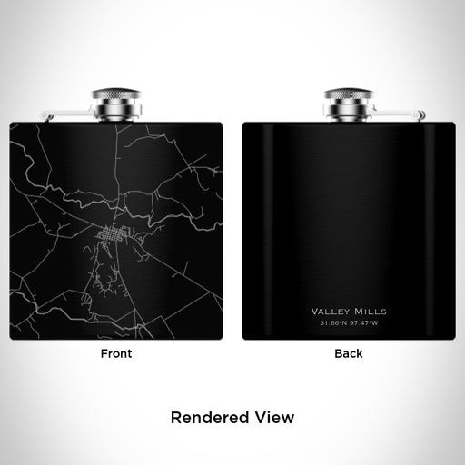 Rendered View of Valley Mills Texas Map Engraving on 6oz Stainless Steel Flask in Black