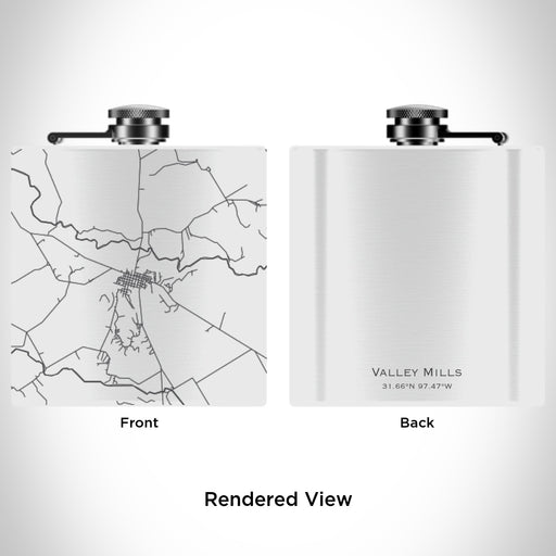 Rendered View of Valley Mills Texas Map Engraving on 6oz Stainless Steel Flask in White