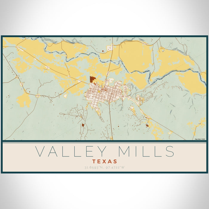 Valley Mills Texas Map Print Landscape Orientation in Woodblock Style With Shaded Background