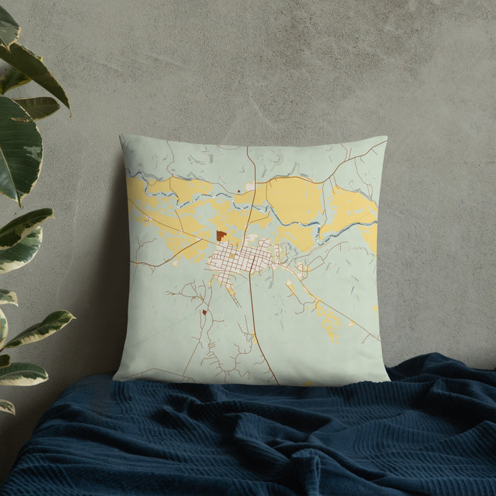 Custom Valley Mills Texas Map Throw Pillow in Woodblock on Bedding Against Wall