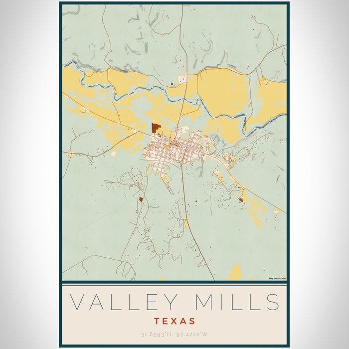Valley Mills Texas Map Print Portrait Orientation in Woodblock Style With Shaded Background