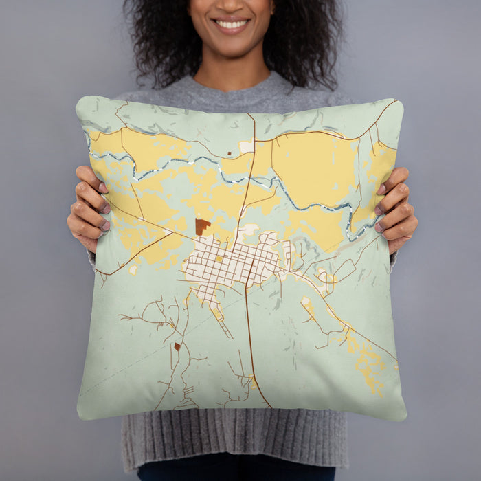 Person holding 18x18 Custom Valley Mills Texas Map Throw Pillow in Woodblock
