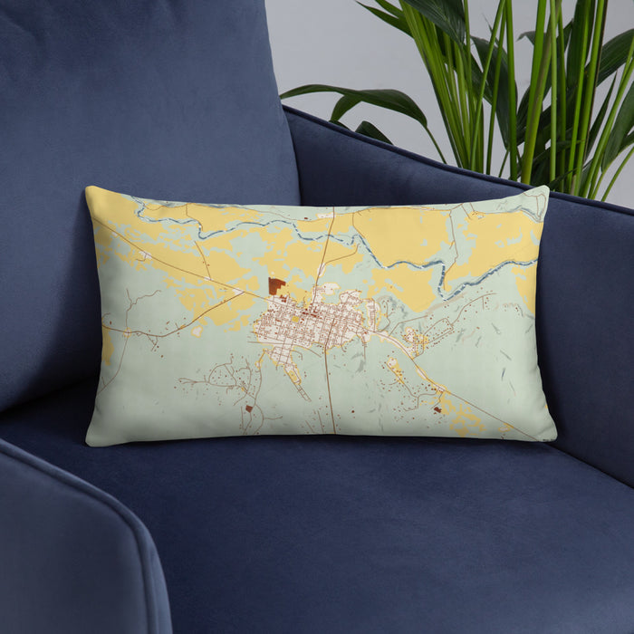 Custom Valley Mills Texas Map Throw Pillow in Woodblock on Blue Colored Chair