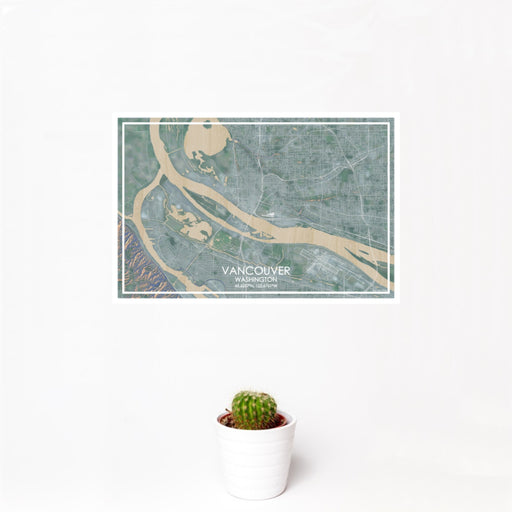 12x18 Vancouver Washington Map Print Landscape Orientation in Afternoon Style With Small Cactus Plant in White Planter