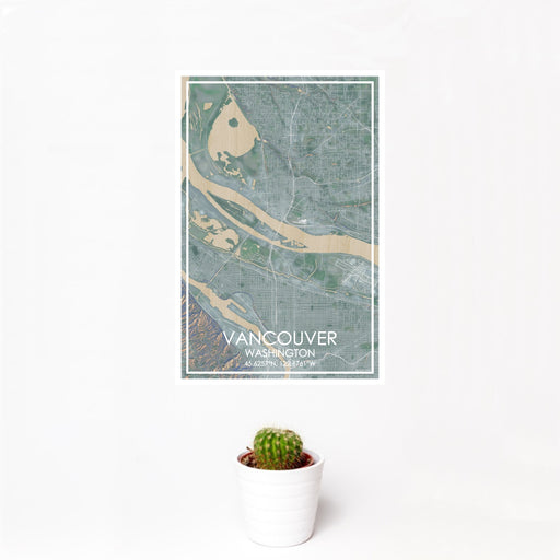 12x18 Vancouver Washington Map Print Portrait Orientation in Afternoon Style With Small Cactus Plant in White Planter
