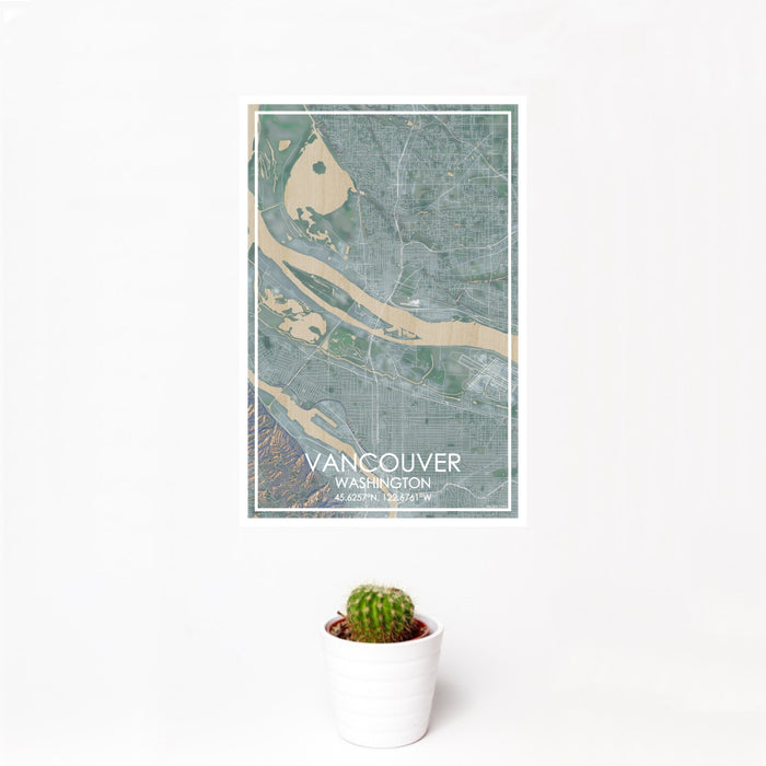 12x18 Vancouver Washington Map Print Portrait Orientation in Afternoon Style With Small Cactus Plant in White Planter