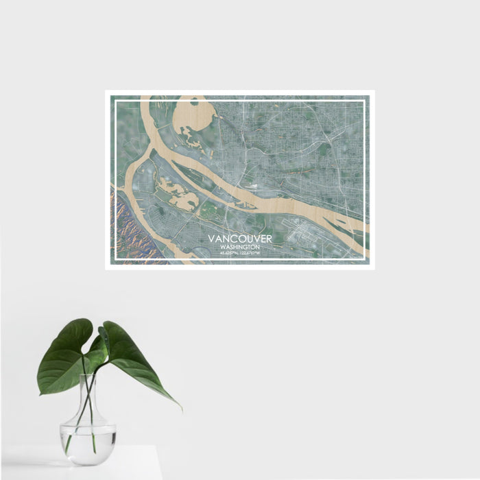 16x24 Vancouver Washington Map Print Landscape Orientation in Afternoon Style With Tropical Plant Leaves in Water