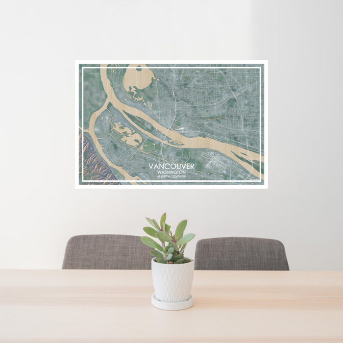 24x36 Vancouver Washington Map Print Lanscape Orientation in Afternoon Style Behind 2 Chairs Table and Potted Plant