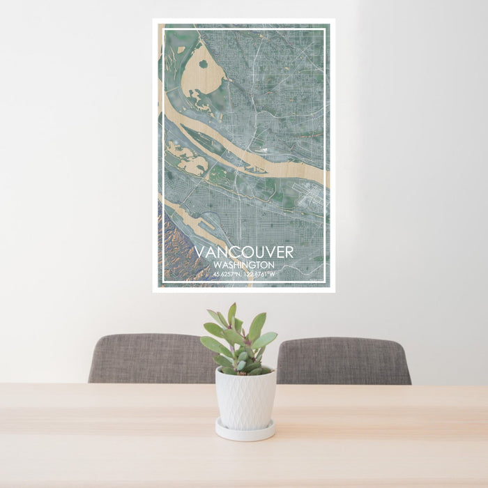 24x36 Vancouver Washington Map Print Portrait Orientation in Afternoon Style Behind 2 Chairs Table and Potted Plant